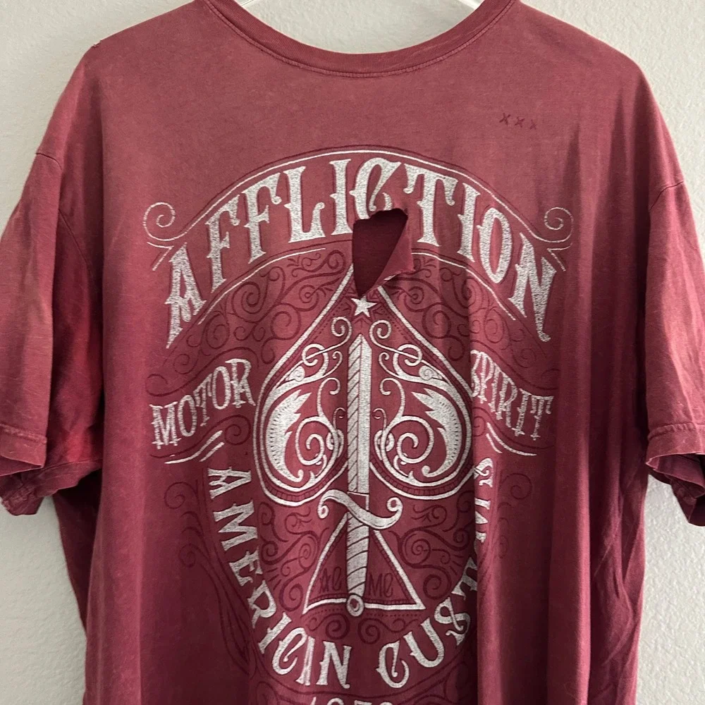 Affliction T-Shirt Mens 2XL Red American Customs Skull Biker‎ Graphic Distressed